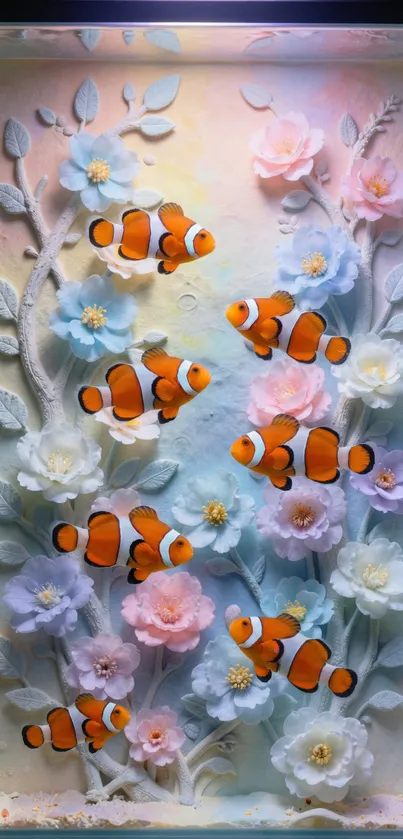 Colorful clownfish swimming among pastel flowers in a serene setting.