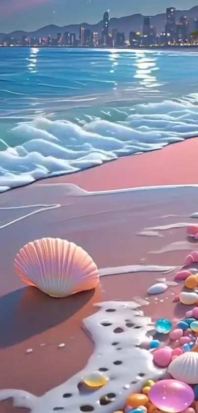 Colorful seashells on a serene beach with ocean view.