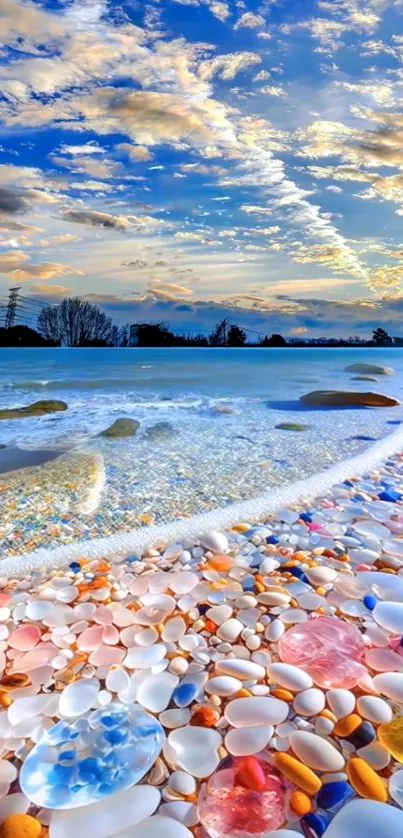 Vibrant coastal scene with colorful pebbles and azure waves at a stunning beach.