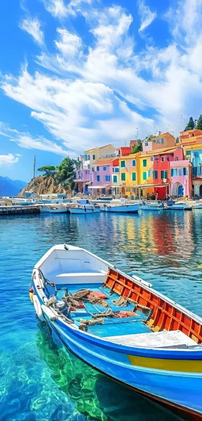 Vibrant coastal village with boat on blue water.
