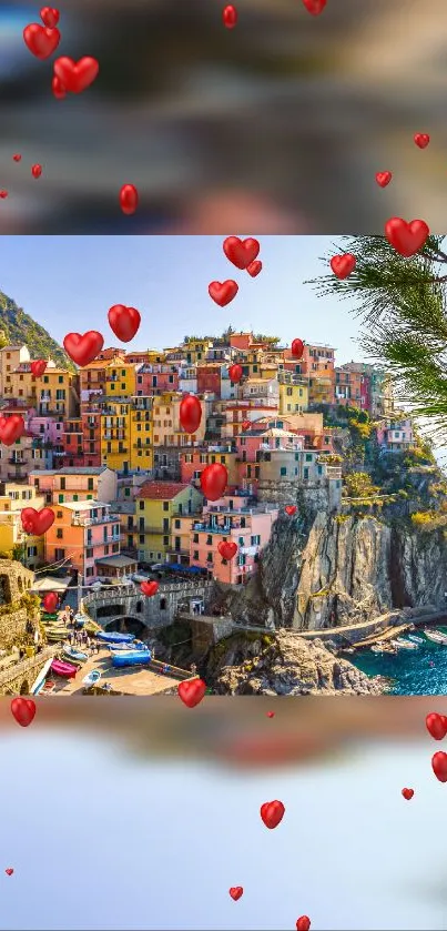 Colorful coastal village with heart overlays.