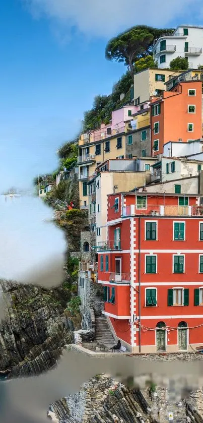 Colorful coastal village houses near seaside.