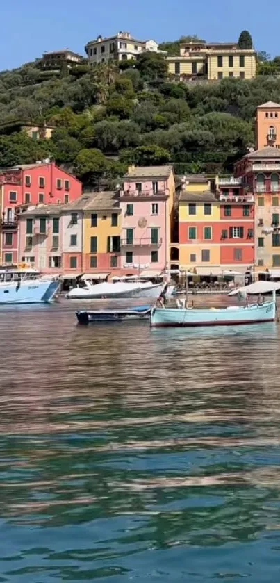 Scenic coastal village with colorful houses and calm blue waters.