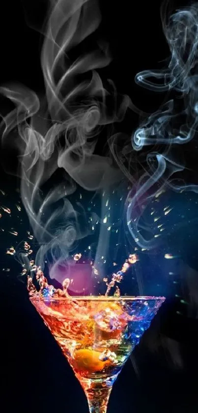 A colorful cocktail with swirling smoke, creating an artistic effect on a dark background.