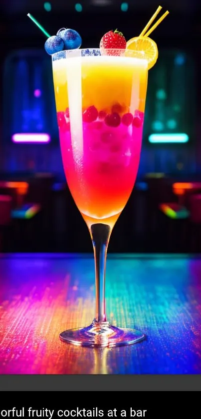 Vibrant fruity cocktail in a colorful bar setting.