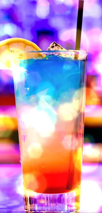 Vibrant cocktail on a bar with a purple-lit background.