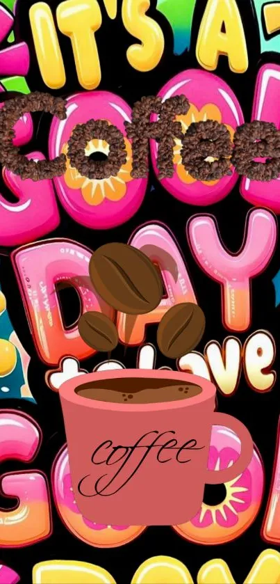 Colorful coffee-themed wallpaper with bold text design.