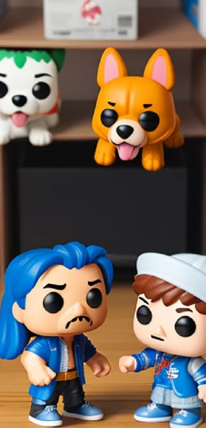 Colorful toy figures on a shelf wallpaper.