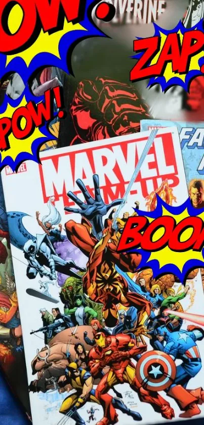 A dynamic collage of Marvel and DC comic book covers.