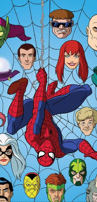 Spider-Man comic wallpaper with vibrant characters and sky blue background.