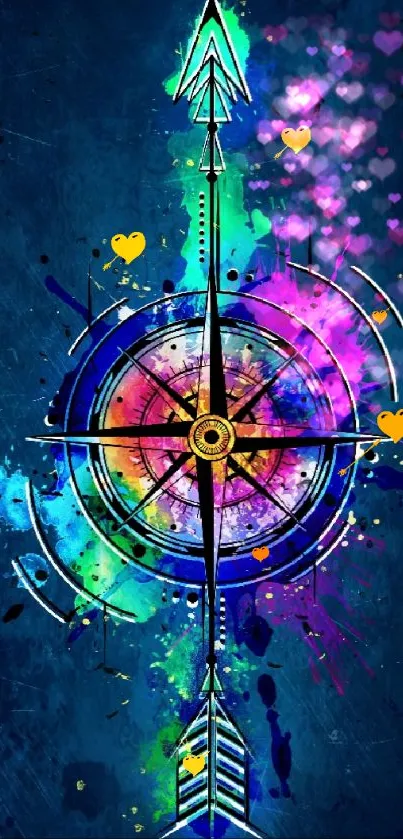 Colorful compass with abstract splashes on a blue background.