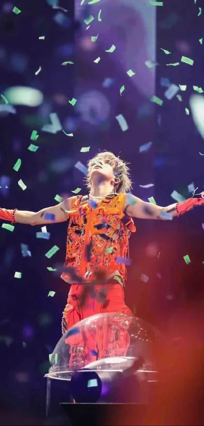 Energetic concert performance with vibrant confetti and bright lights.