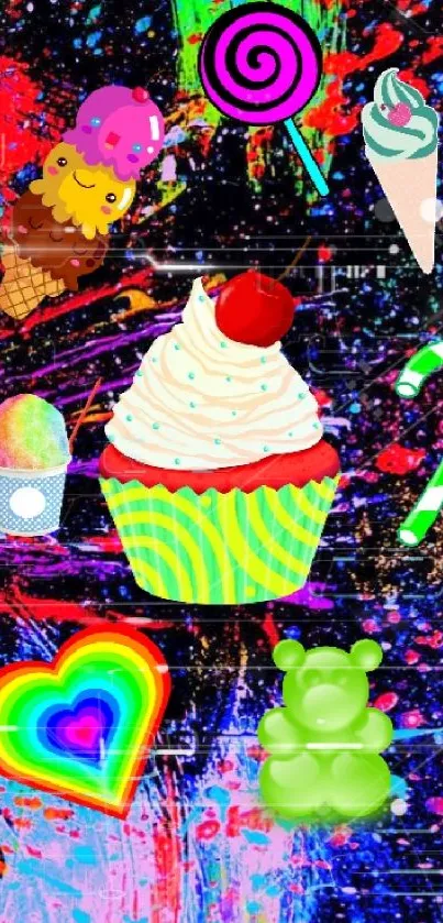 Colorful dessert-themed wallpaper with candies and cupcakes on a black background.