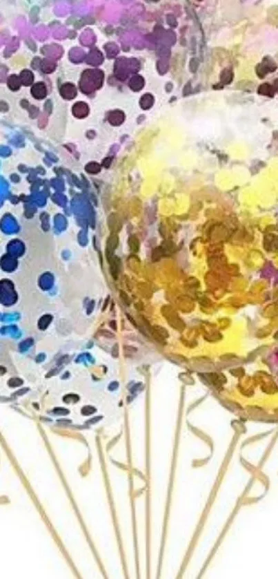 Colorful balloons filled with confetti for a festive wallpaper.