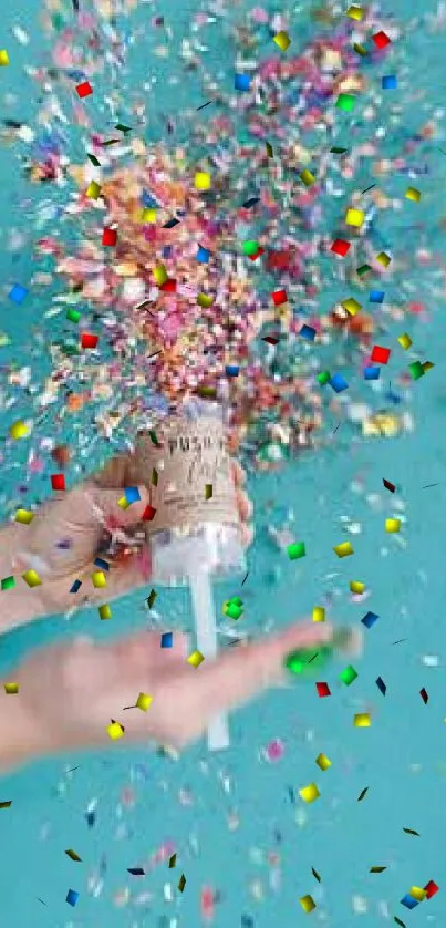 Burst of colorful confetti against a teal backdrop.