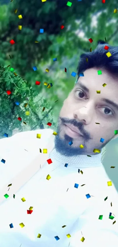 Man standing in nature with colorful confetti falling around.