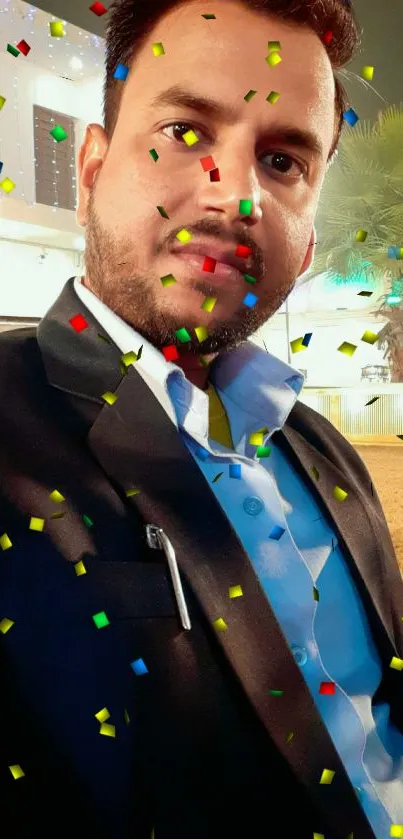 Man in suit with colorful confetti backdrop.