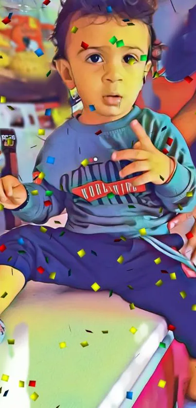 Playful baby with confetti in a colorful art style.