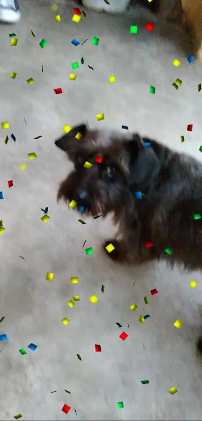 Dog with colorful confetti on gray background wallpaper.