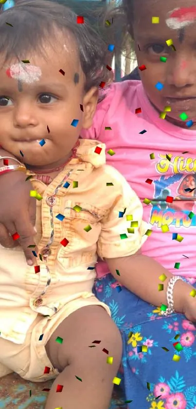 Children enjoying a festive moment with colorful confetti.