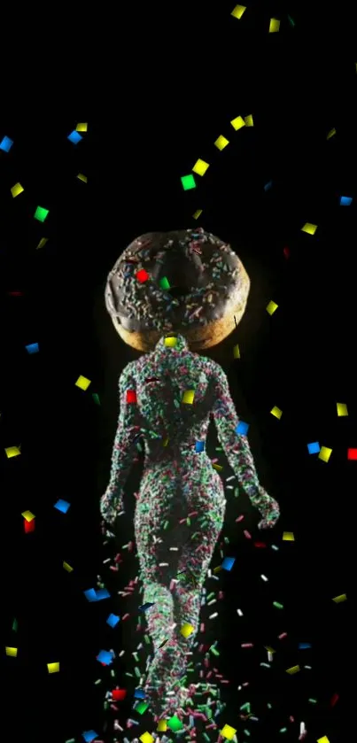 Colorful confetti with mannequin in donut head on dark background.