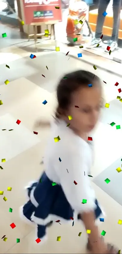 Child in motion surrounded by colorful confetti.