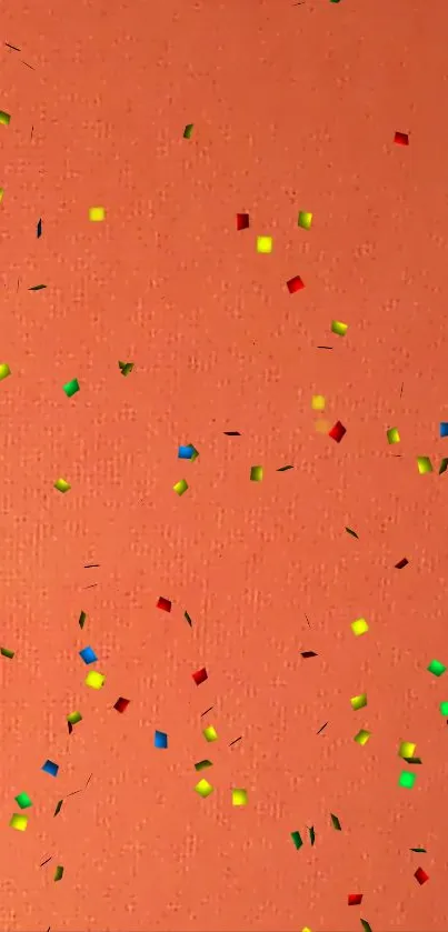 Colorful confetti on a vibrant orange background, perfect for mobile wallpaper.