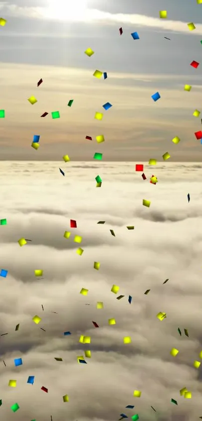 Colorful confetti raining down over fluffy clouds with a bright sky.