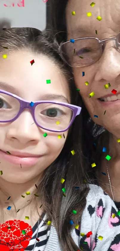 Joyful colorful confetti selfie with glasses and smiles.