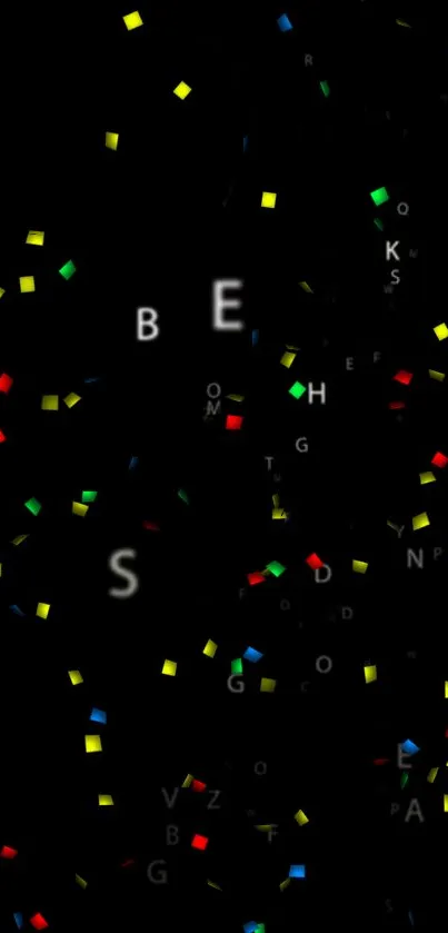 Colorful confetti and letters on a dark background wallpaper.