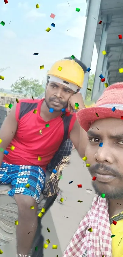 Workers at construction site with colorful confetti.