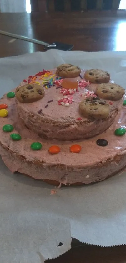 Mobile wallpaper of a colorful cookie cake with pink icing and assorted toppings.