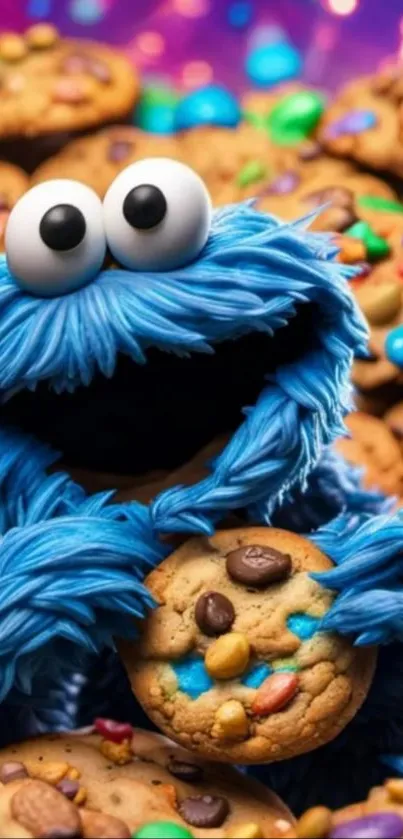 Colorful cookie character surrounded by cookies.