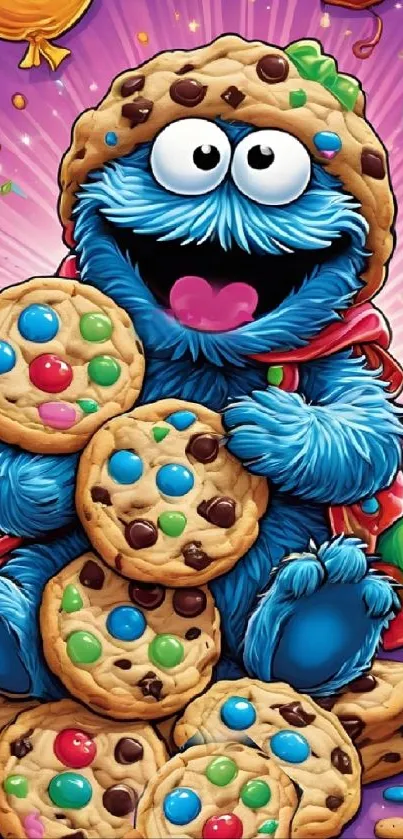 Cartoon Cookie Monster with cookies.