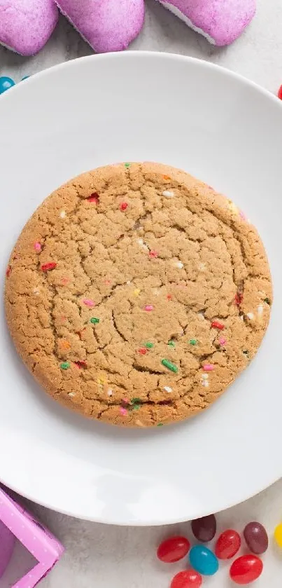 Colorful array of cookie and candies on a light background.