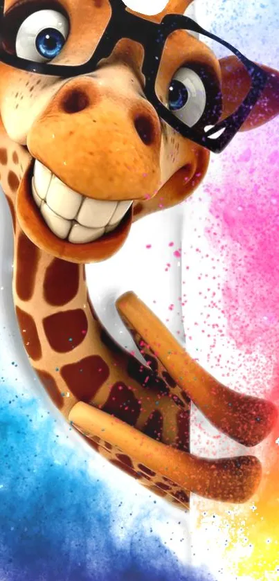 Cheerful giraffe wearing glasses with colorful splashes on a vibrant mobile wallpaper.