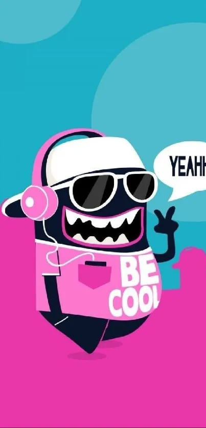 Colorful monster with headphones and sunglasses on a vibrant background.