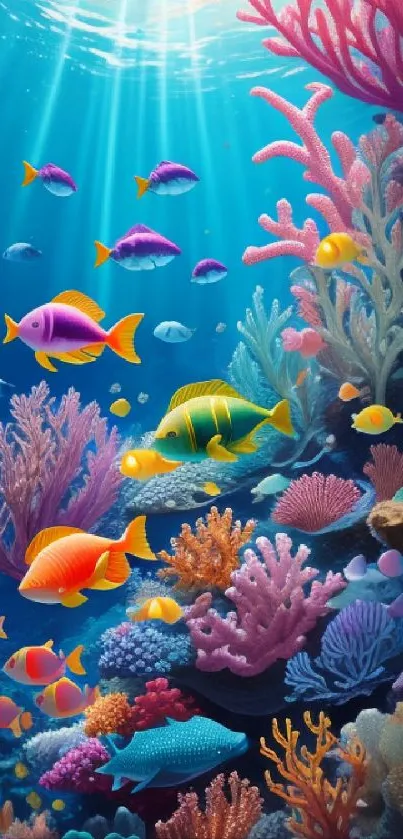 Colorful coral reef with vibrant fish in a stunning underwater scene.