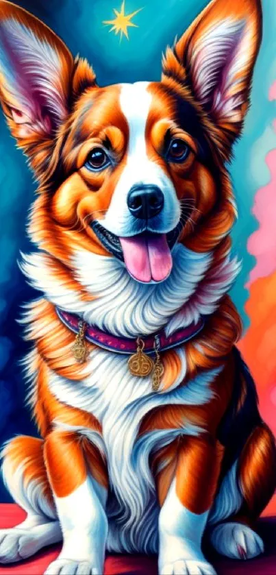 Vibrant corgi artwork with colorful background.