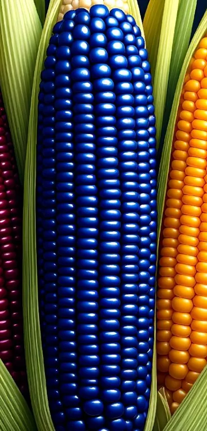 Colorful corn cobs in vibrant hues.