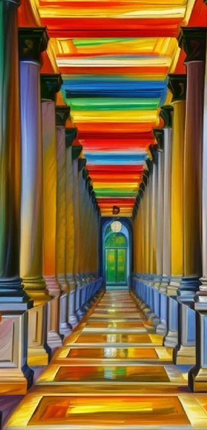 Vibrant corridor with colorful pillars in abstract art style.