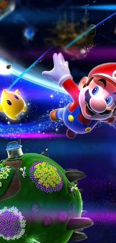 Colorful cosmic scene with a beloved game character soaring in space.