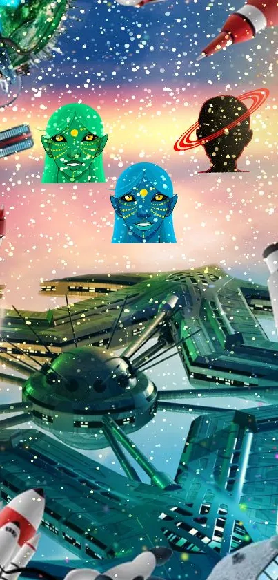 Colorful space wallpaper with aliens and rockets.