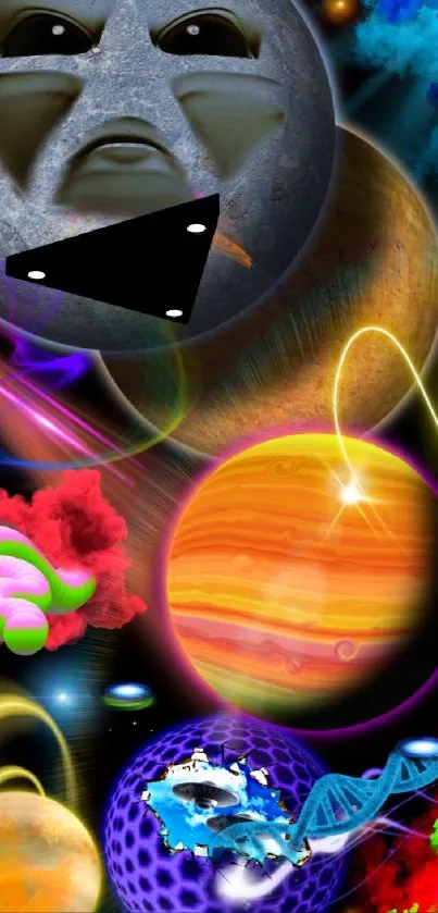 Colorful cosmic art wallpaper with planets and a DNA strand.