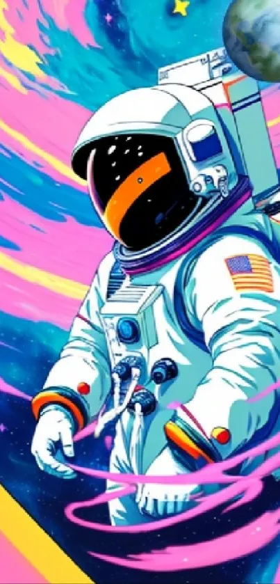 Vibrant astronaut in colorful cosmic space art.