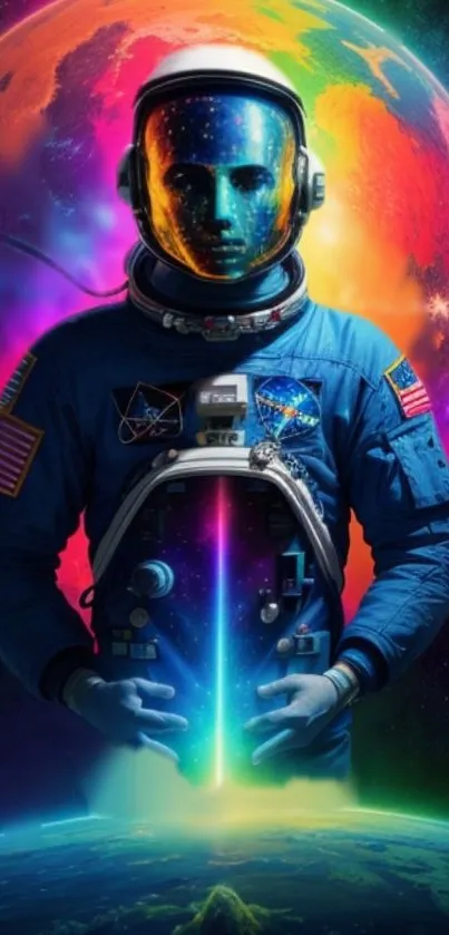 Colorful cosmic astronaut standing with a vibrant celestial backdrop.