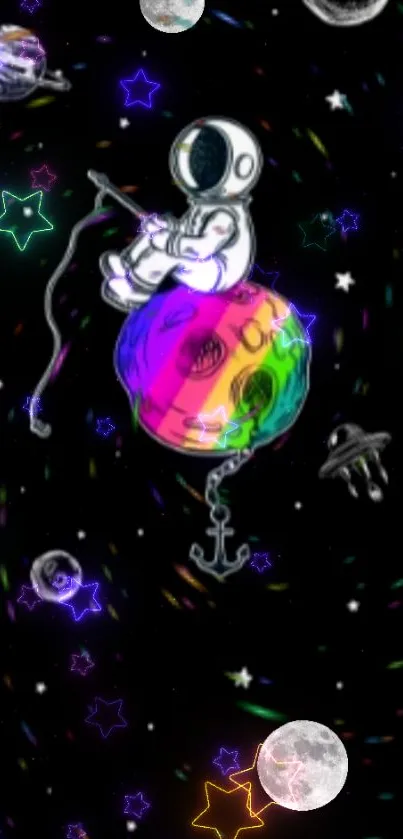 Astronaut on a colorful planet in space scene with stars and moons.