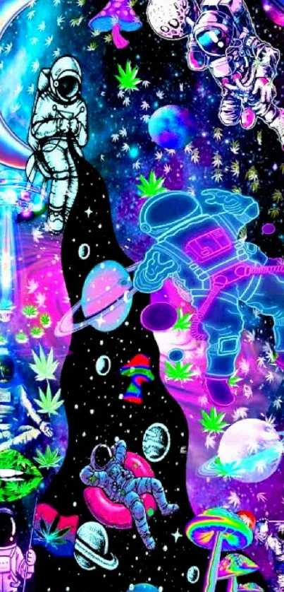 Multicolored wallpaper with neon cosmic astronauts.