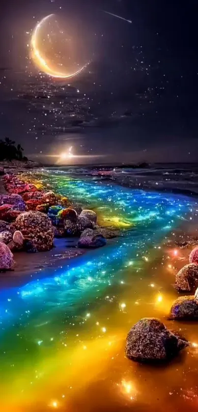 Colorful river and crescent moon on a beach at night.