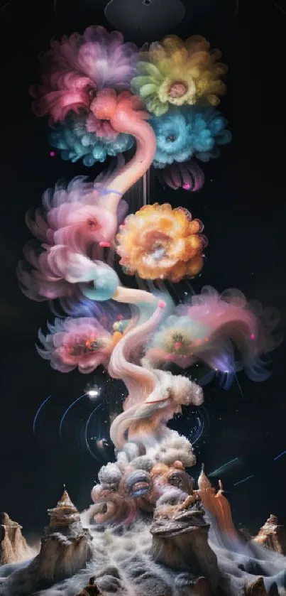 Vibrant cosmic bloom in colorful floral patterns on dark background.